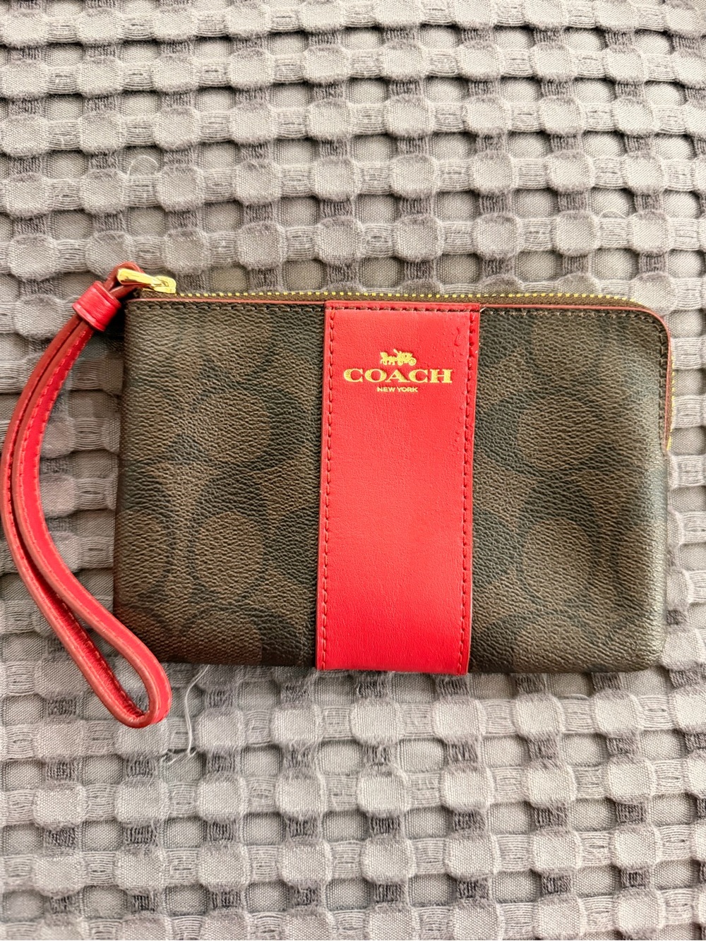 Coach Brown Signature Canvas Wristlet with Red Center Stripe
